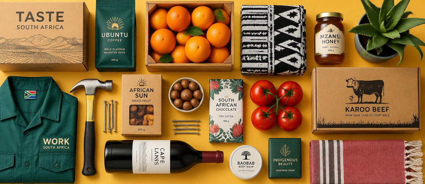 South African trade goods laid out on a mustard surface